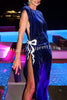 Shaya Velvet Asymmetrical Silhouette One Sleeve Shiny Bow Design Slit Maxi Dress