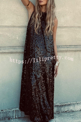 Twas The Night Sequin Round Neck Sleeveless Drape Loose Maxi Dress