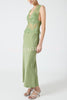 Wonderful Fusion Satin Lace Trim See-through Waist V-neck Drape Maxi Dress