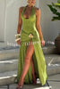 Solid Color Halter Neck Backless Slim Fit Pleated Slit Maxi Dress