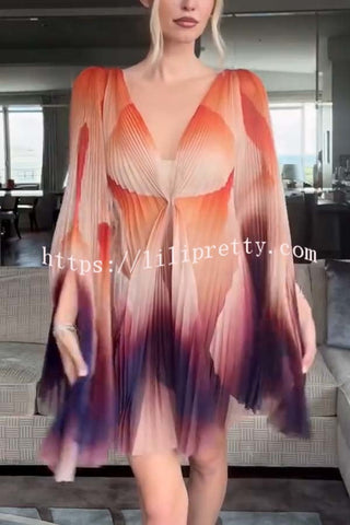 Like A Butterfly Pleated Unique Print Slit Bell Sleeve A-line Mini Dress
