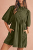 Vineyard Green Snap Button Empire Waist Lantern Sleeve Corduroy Dress
