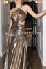 Shine Bright Metallic Fabric One Shoulder Cutout Back Lace-up Slit Maxi Dress