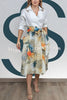 Jiles Linen Blend Unique Contrast Print Long Sleeve Tie-up Pocket Shirt Midi Dress