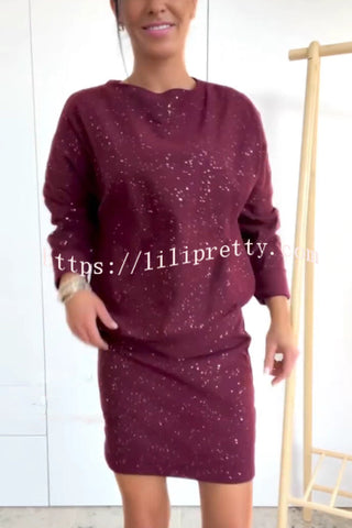 Solid Color Sparkly Round Neck Long Sleeve Casual Mini Dress