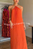 Coralie Pleated Metal Ring Halter Backless Loose Maxi Dress