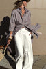 All-match Striped Button Up Half Sleeve Belted Pocket Shirt Midi Dress