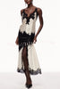 Party Focus Contrast Color Satin Lace Trim Elastic Waist Front Slit Maxi Skirt