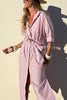 All-match Striped Button Up Half Sleeve Belted Pocket Shirt Midi Dress