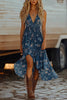 Floral Print V-neck Sling Waist Irregular Midi Dress