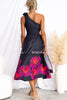 Ultimate Party One Shoulder Flower Brooch Drawstring Cutout Waist Midi Dress