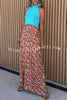 Klim Color Block Unique Print Halter Slit Stretch Maxi Dress
