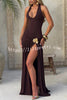 Solid Color Halter Neck Backless Slim Fit Pleated Slit Maxi Dress