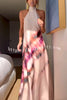 Heaven Love Satin Printed Halter Tie-up Backless A-line Maxi Dress