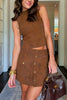 Autumn Atmosphere Faux Suede High Neck Zipper Tank and Button-Front Pocket Mini Skirt