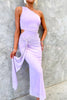Solid Color Elegant Mesh One Shoulder Sexy Waist Hollow Out Maxi Dress