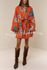 Linen Blend Unique Print Tie Waist Loose Mini Dress