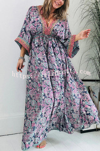 Beautiful Timeless Ethnic Paisley Print Drawstring Elastic Waist Kimono Maxi Dress