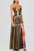 Goddess Temperament Metallic Pleated Fabric Off Shoulder Slit Maxi Dress