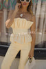 Every Occasion Crepe Panel Ruffles Strapless Top and High Rise Pocketed Flare Pants Set