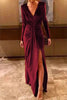 Solid Color Velvet V-neck Long Sleeve Elegant Slit Maxi Dress