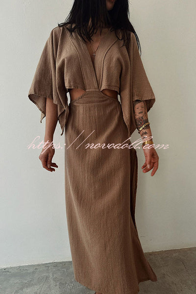 Orla Linen Blend Cutout Waist Kimono Sleeve Maxi Dress