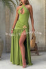 Solid Color Halter Neck Backless Slim Fit Pleated Slit Maxi Dress