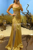 Essie Satin Rhinestone Patchwork Twist Waist Strapless Slit Maxi Dress