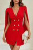 Solid Color V-neck Waist Double-breasted Elegant Mini Dress