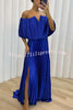 Shelley Pleated Off Shoulder Elastic Waist Slit Maxi Dress