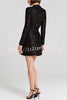 Edie Sequin High Neck Long Sleeve Satin Bow Belted Tulip Mini Dress