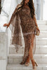Lawren Chiffon Leopard One Shoulder Draped Sleeve Ruched Gold Metal Slit Maxi Dress