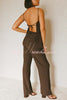 Vacation Day To Night Textured Lace-up Elastic Waist Backless Loose Jumpsuit