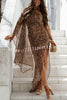Lawren Chiffon Leopard One Shoulder Draped Sleeve Ruched Gold Metal Slit Maxi Dress