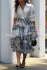 Jiles Linen Blend Unique Contrast Print Long Sleeve Tie-up Pocket Shirt Midi Dress
