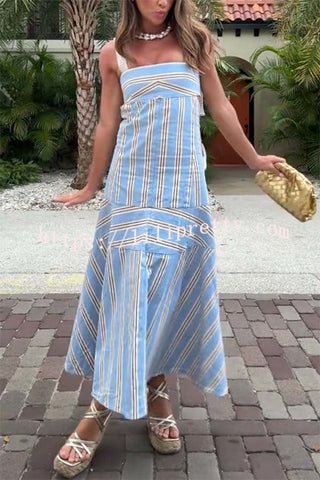 Talette Stripe Print Embroidered Wide Straps Back Cutout Maxi Dress