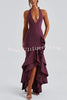 Maci Solid Color Sexy Halterneck Irregular Ruffles Hem Slit Maxi Dress