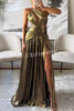 Shine Bright Metallic Fabric One Shoulder Cutout Back Lace-up Slit Maxi Dress