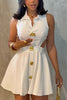 Fashion Sleeveless Lapel Metal Button Waist Cutout Mini Dress