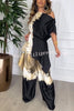 Bellen Satin Unique Print Wide Sleeve Irregular Top and Elastic Waist Wide Leg Pants Set