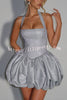Araminta Glitter Fabric Square Halter Tie Neck Back Lace-up Fluffy Bubble Mini Dress