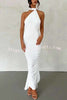 Grecian Inspired One Shoulder Side Metal Circle Design Backless Stretch Maxi Dress