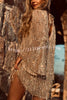 Flowing Shimmer Sequin Tassel Fabric Bell Sleeve Back Tie-up Loose Mini Dress