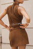Autumn Atmosphere Faux Suede High Neck Zipper Tank and Button-Front Pocket Mini Skirt