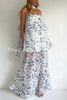 Ameile Organza Floral Print Tiered Slip Square Neck Scarf A-line Maxi Dress