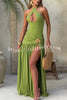 Solid Color Halter Neck Backless Slim Fit Pleated Slit Maxi Dress