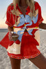 Blue Bird Print Loose Button Elastic Waist Shorts Set