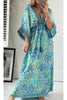 Beautiful Timeless Ethnic Paisley Print Drawstring Elastic Waist Kimono Maxi Dress