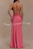 Seductive Details Satin Lace Waist Halter Tie-up Backless Maxi Dress