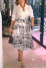 Jiles Linen Blend Unique Contrast Print Long Sleeve Tie-up Pocket Shirt Midi Dress